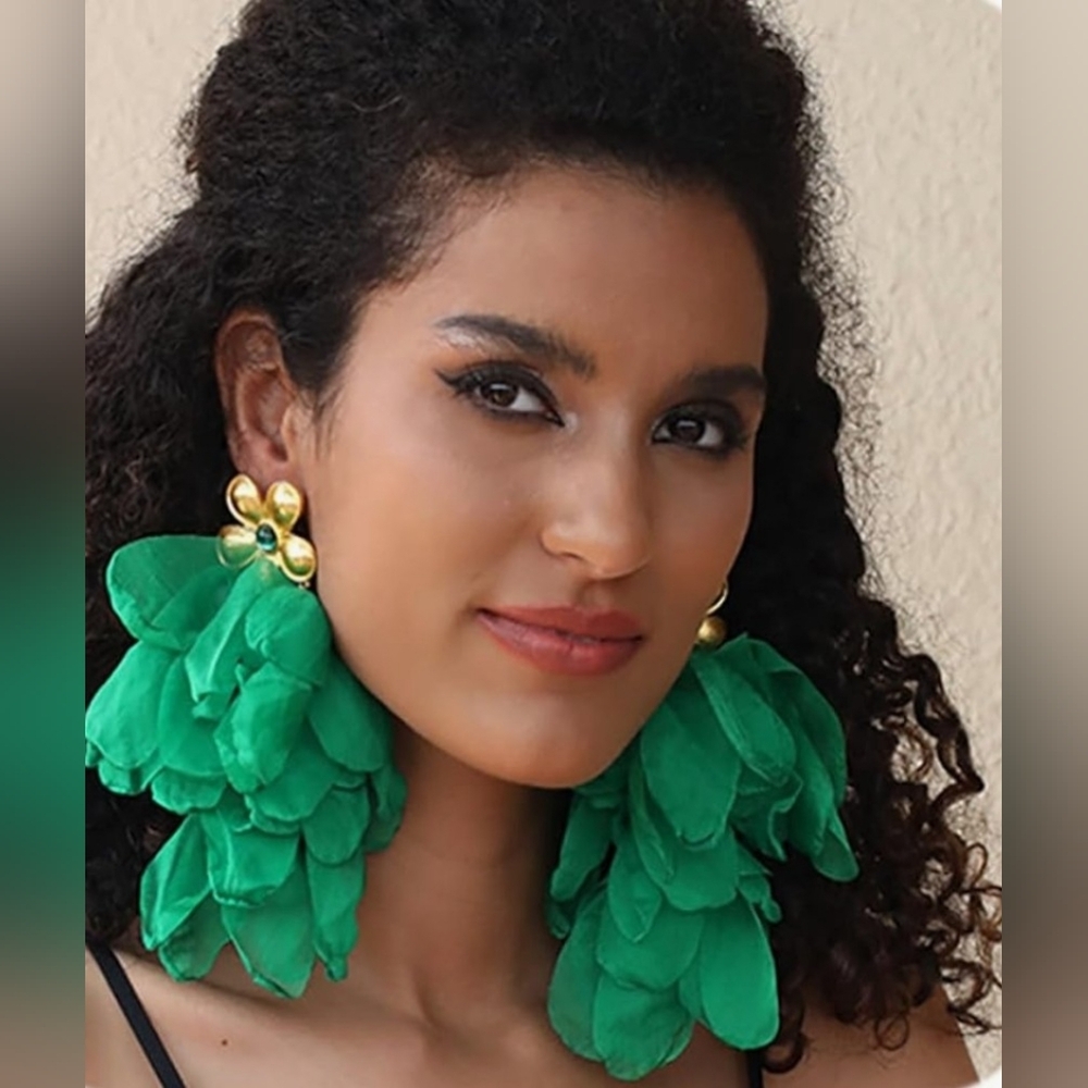 Gold Floral Clip-On Earrings with Green Fabric Petals